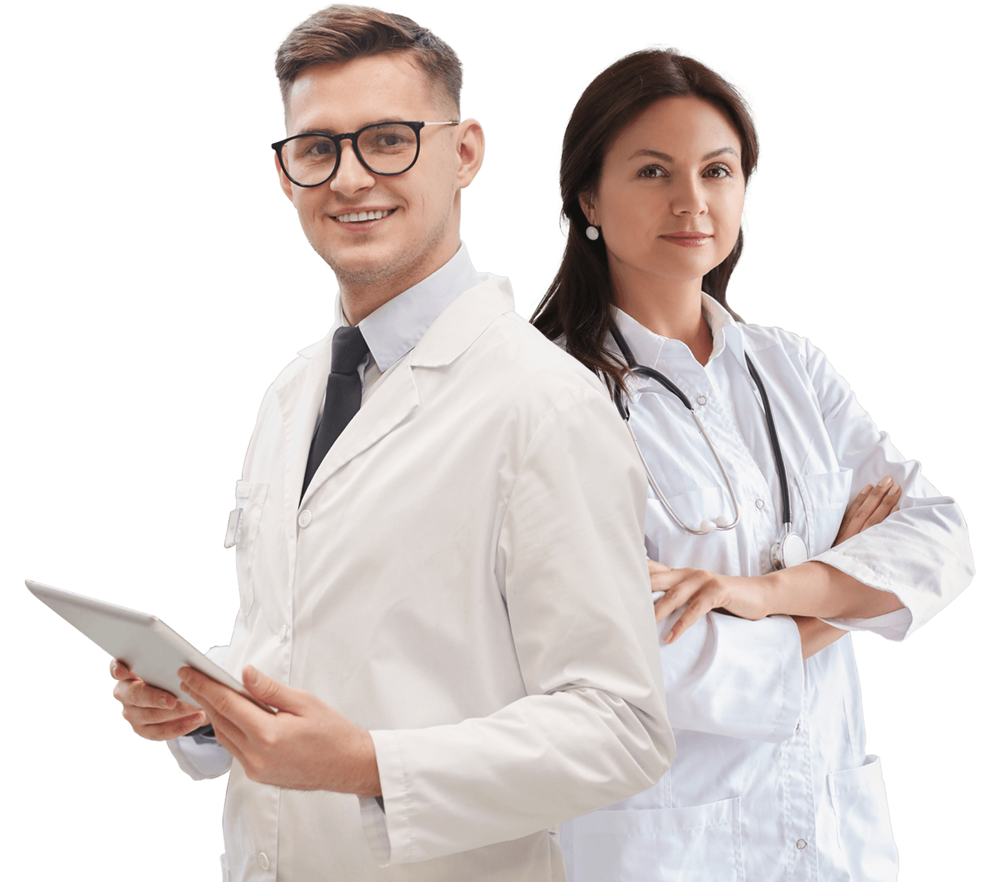Two smiling doctors, a man and a woman, looking professional and friendly.