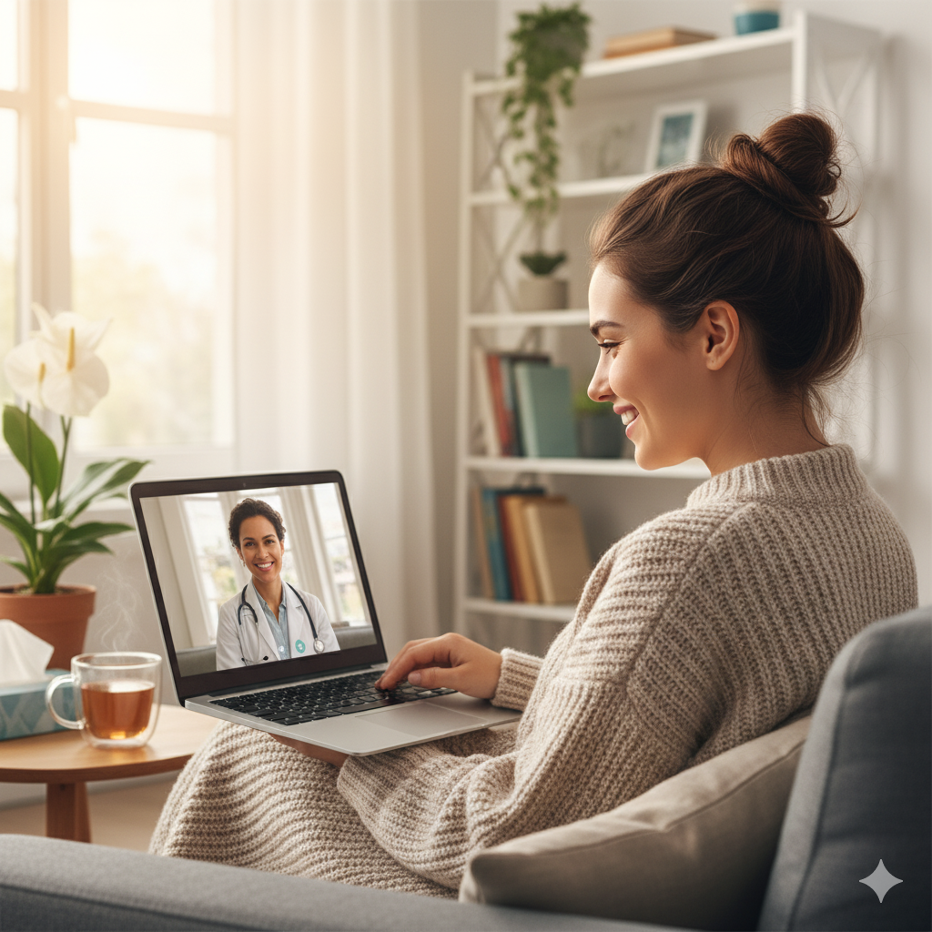 A person having a virtual consultation on their laptop at home.
